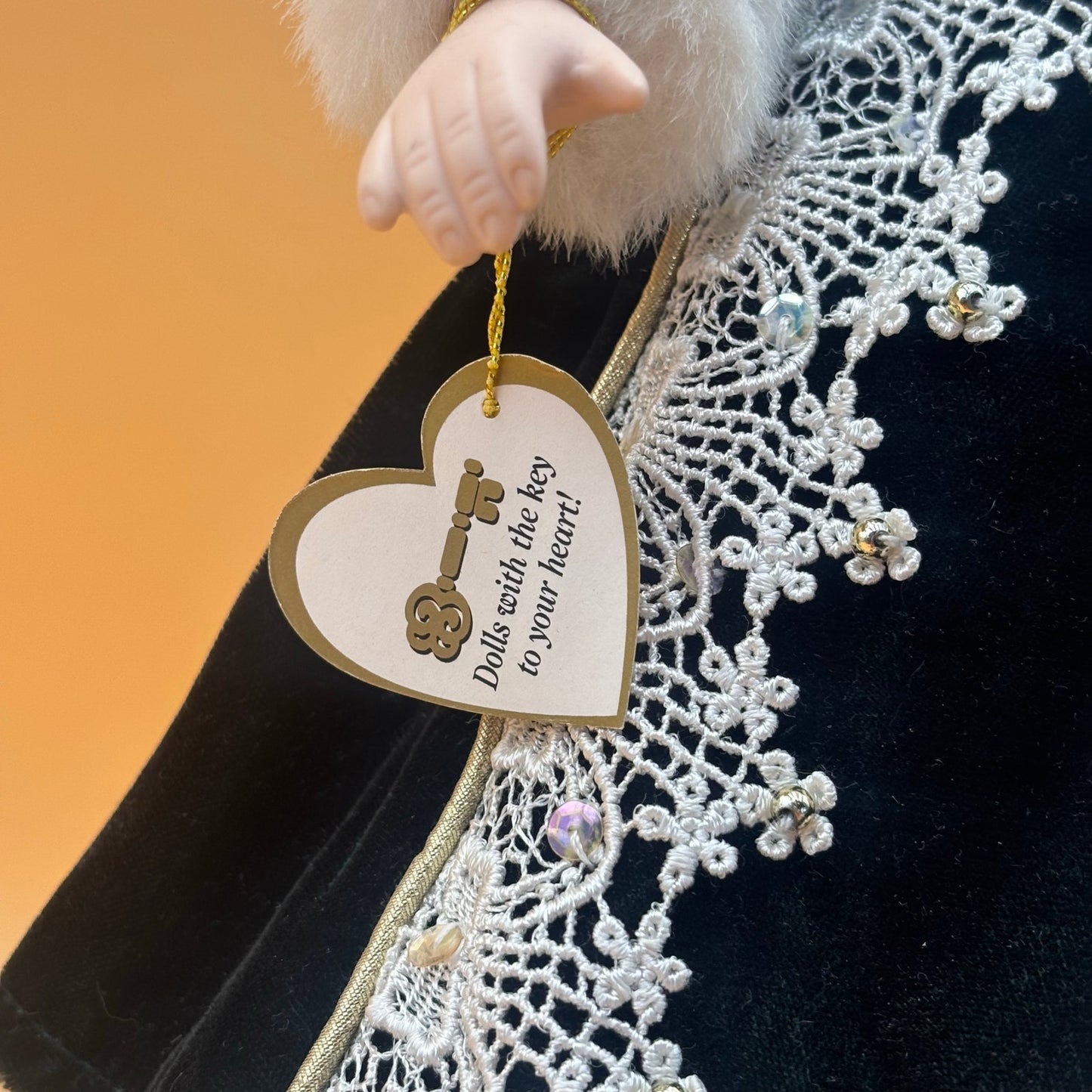 Key to Your Heart Porcelain Doll – Victorian Velvet & Lace Coat with Gold Key