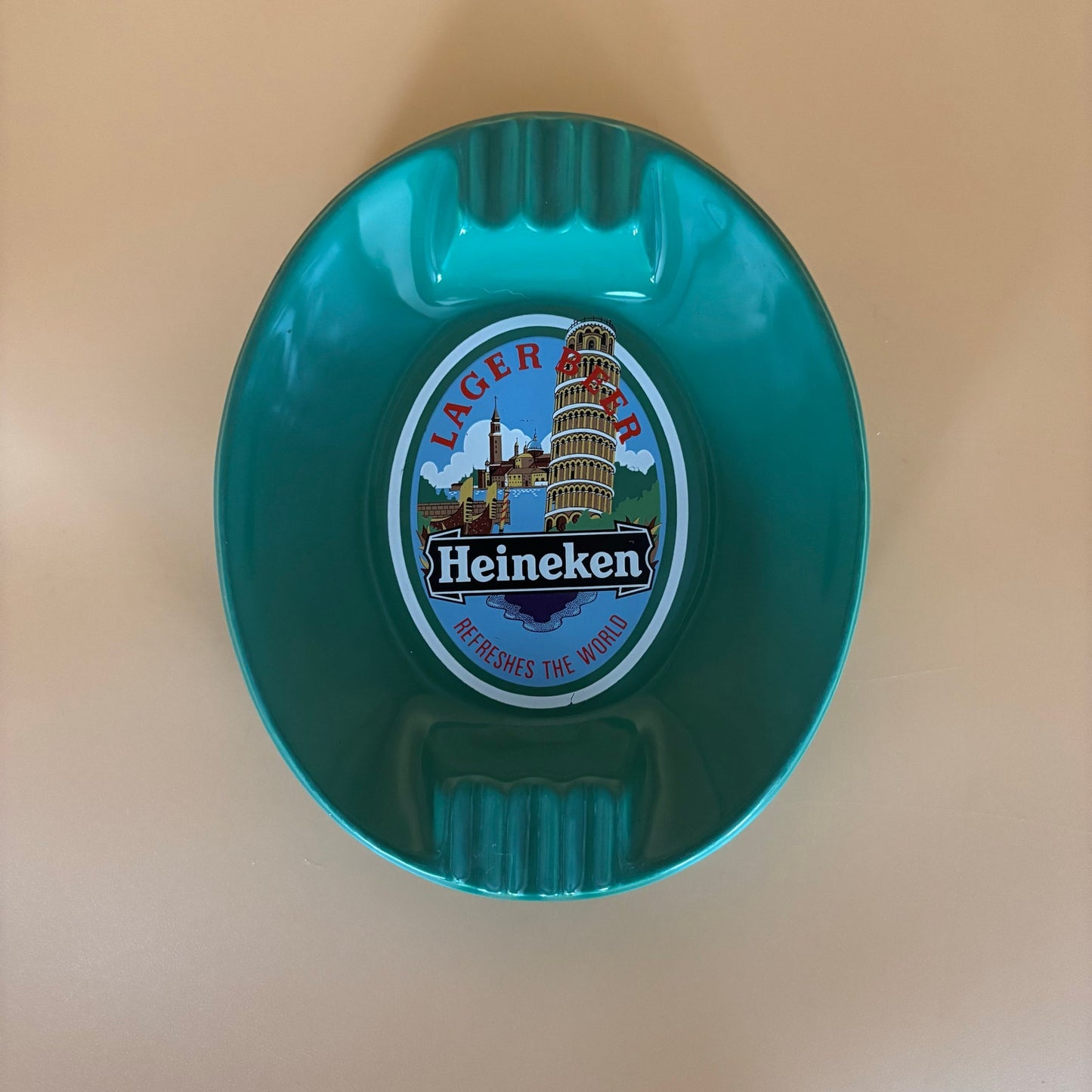 Vintage Heineken Lager Beer Green Glass Ashtray – 7.5” x 9” Heavy Pub Tray