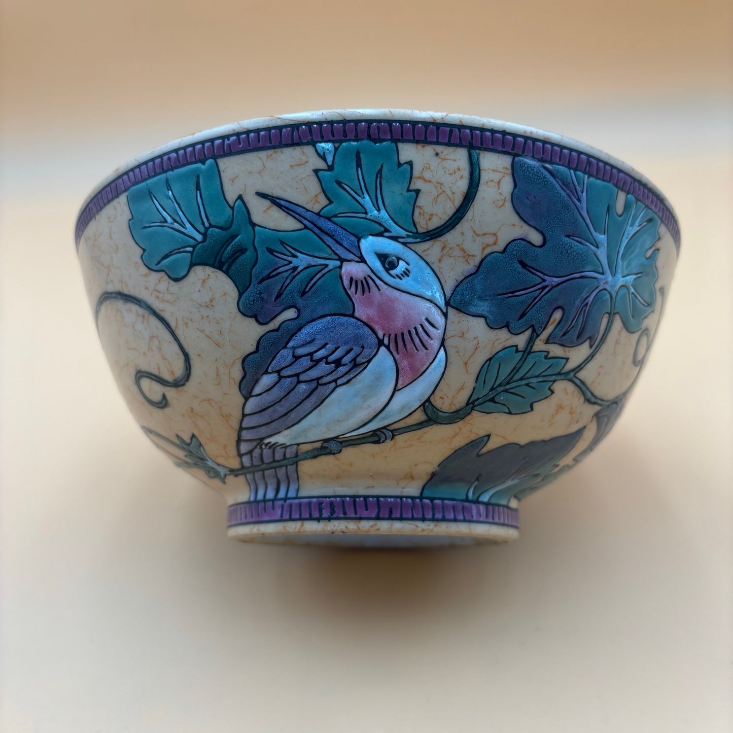 Vintage Crackle Glaze Hand-Painted Ceramic Bowl with Cardinal and Grape Design