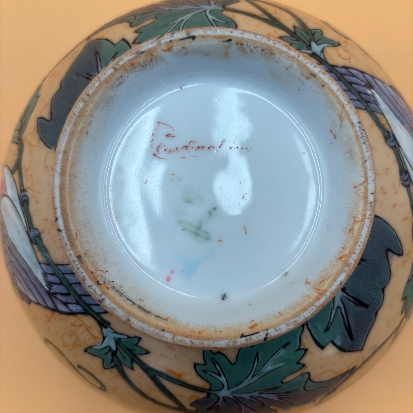 Vintage Crackle Glaze Hand-Painted Ceramic Bowl with Cardinal and Grape Design