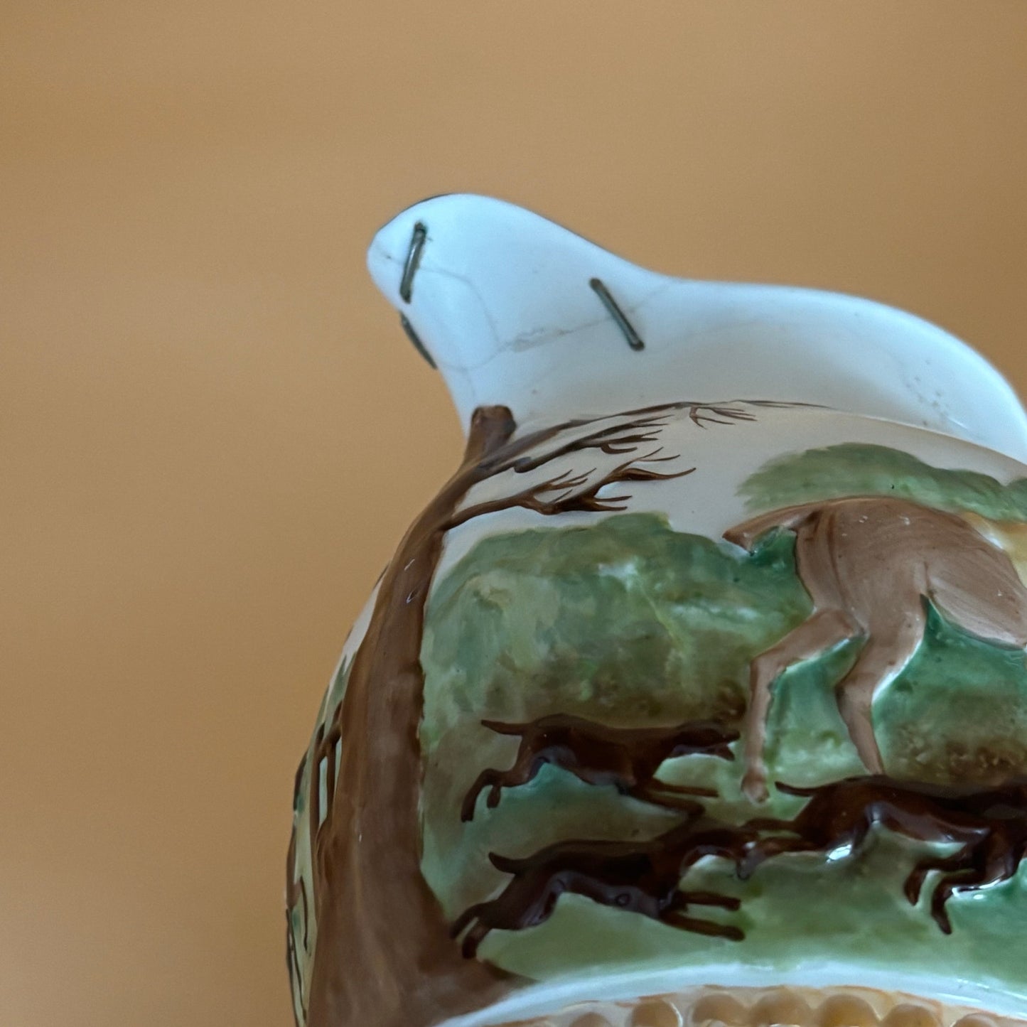 Antique Staffordshire Style Fox Hunt Pitcher with RARE Staple Repair