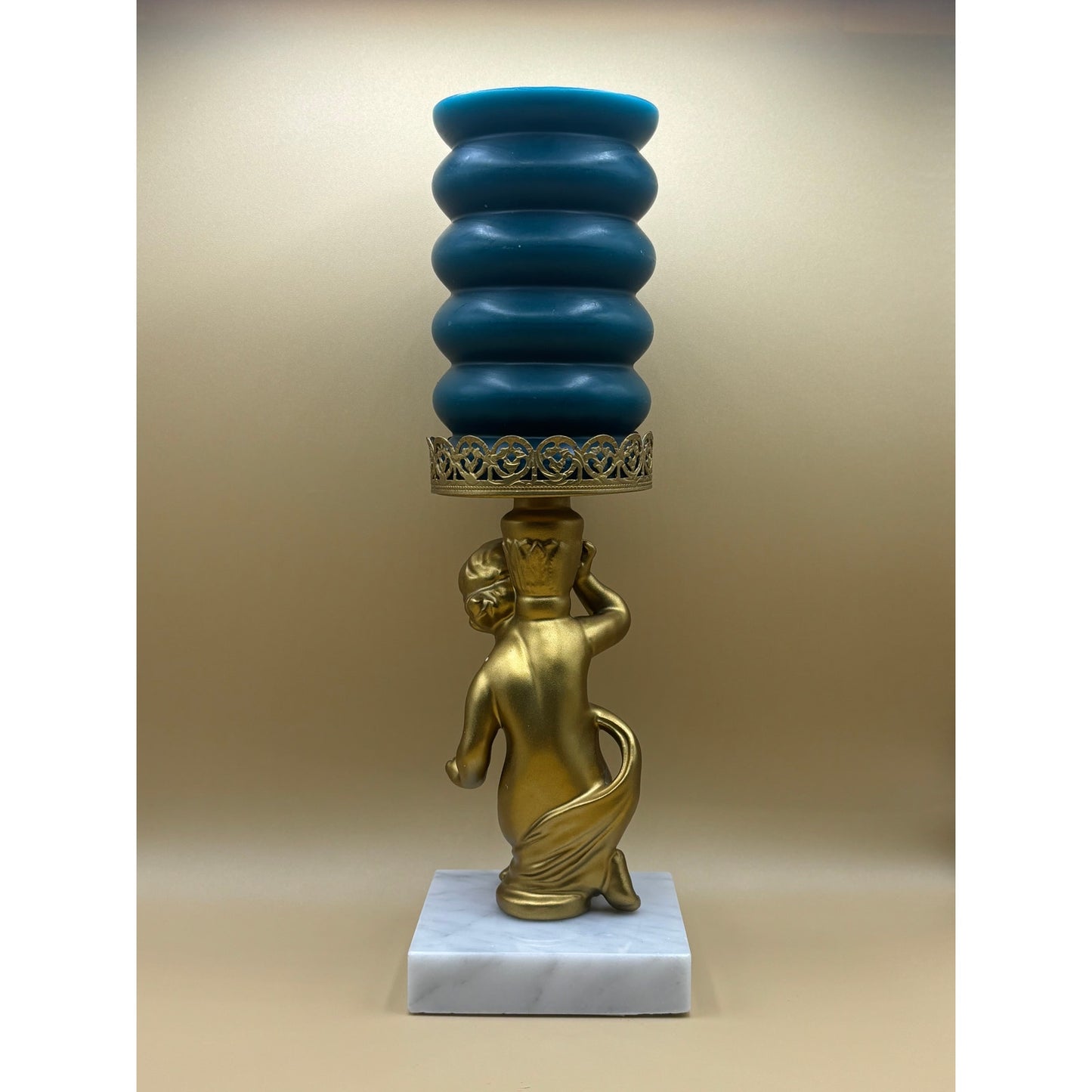 Vintage Metal, Gold Cherub Candle Holder with Marble Base 7.5 Inches Tall