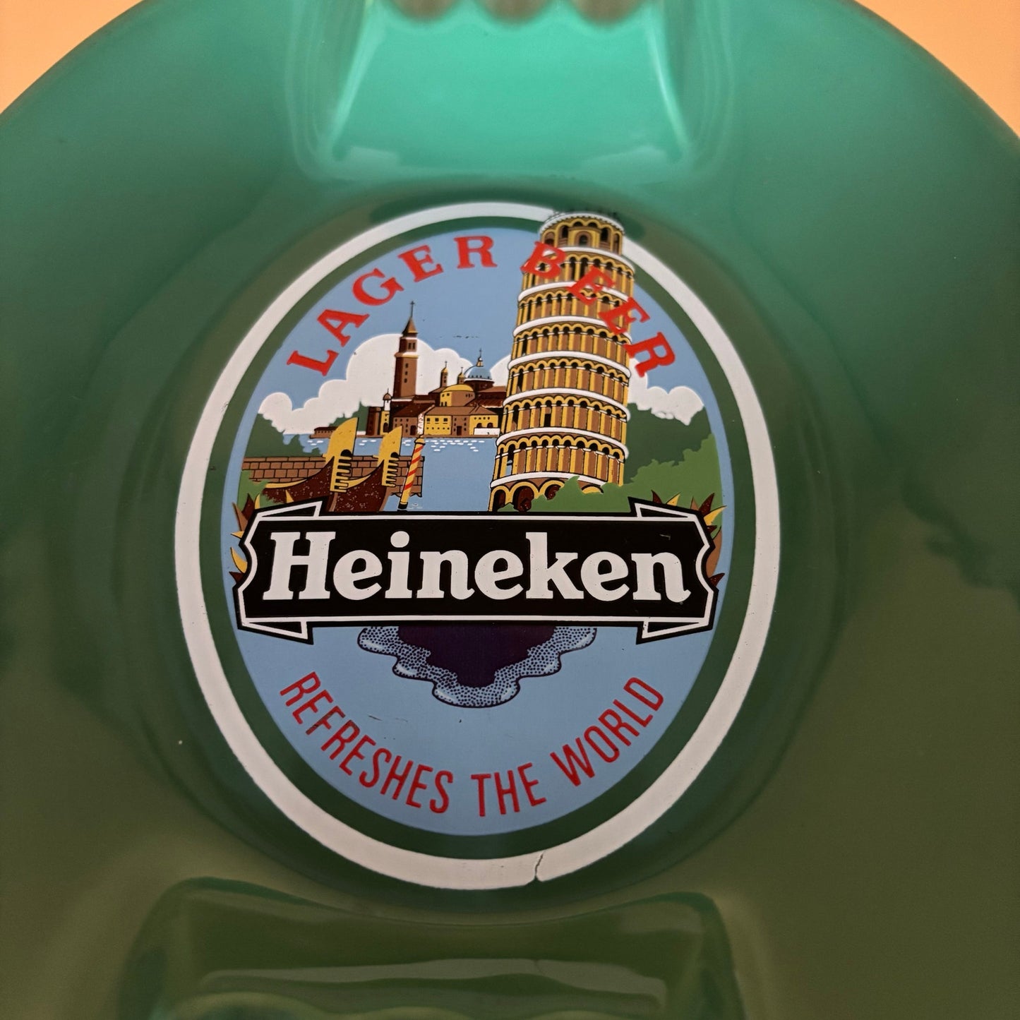 Vintage Heineken Lager Beer Green Glass Ashtray – 7.5” x 9” Heavy Pub Tray