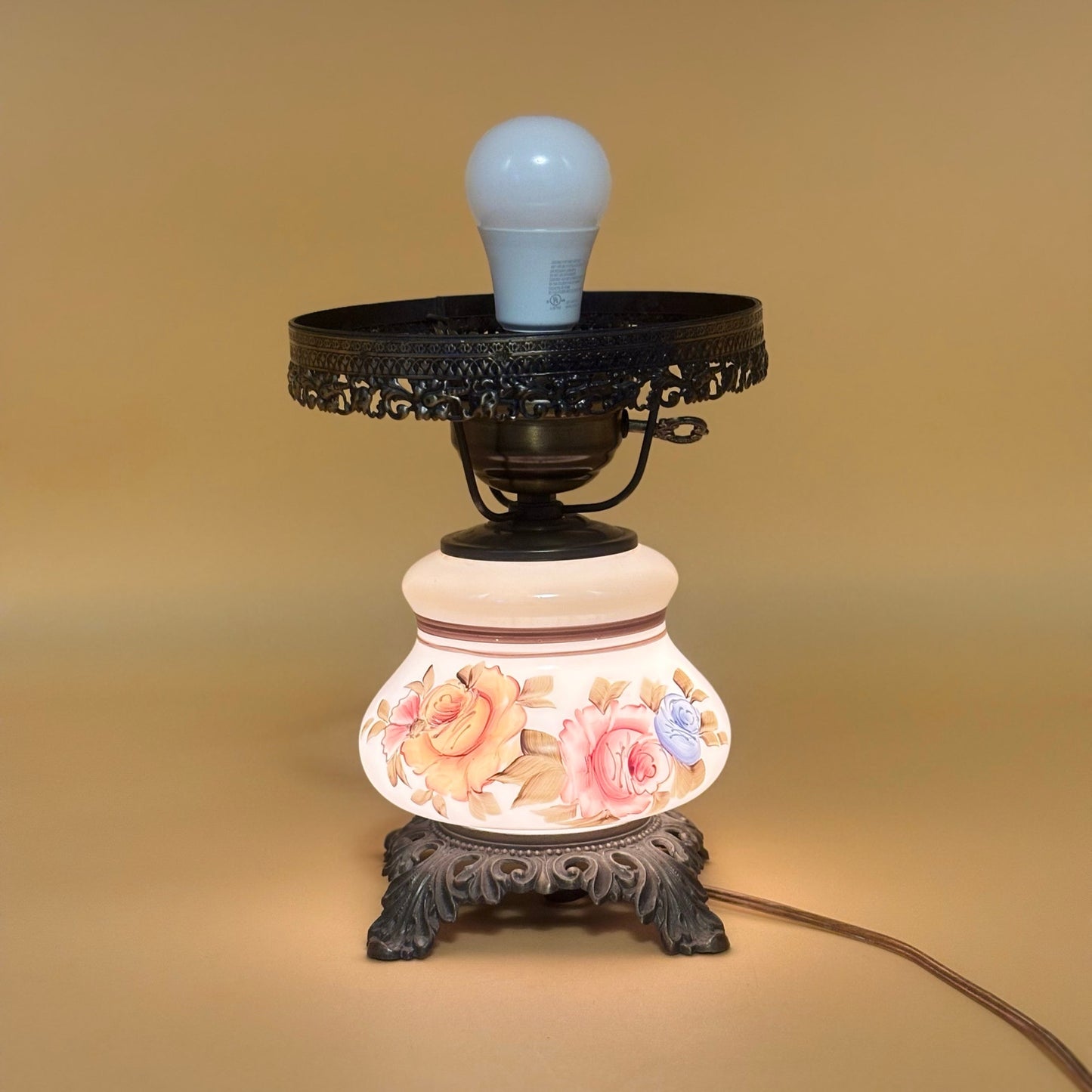 Vintage GWTW Hurricane Lamp Base Hand Painted Flowers 3 Way Light