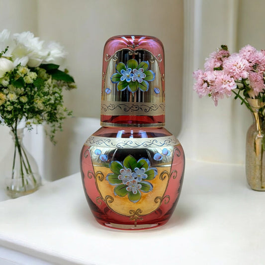 Hand Painted Pink Glass Tumble Up Decanter & Tumbler Set, A.A. Importing Co. Japan