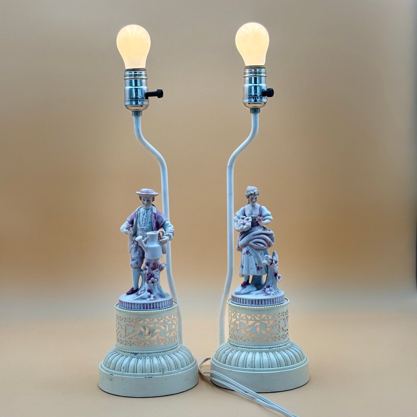 Pair of Vintage Porcelain Figural Lamps with Lighted Bases – Man & Woman with Cherry Blossoms – 17.5” Tall