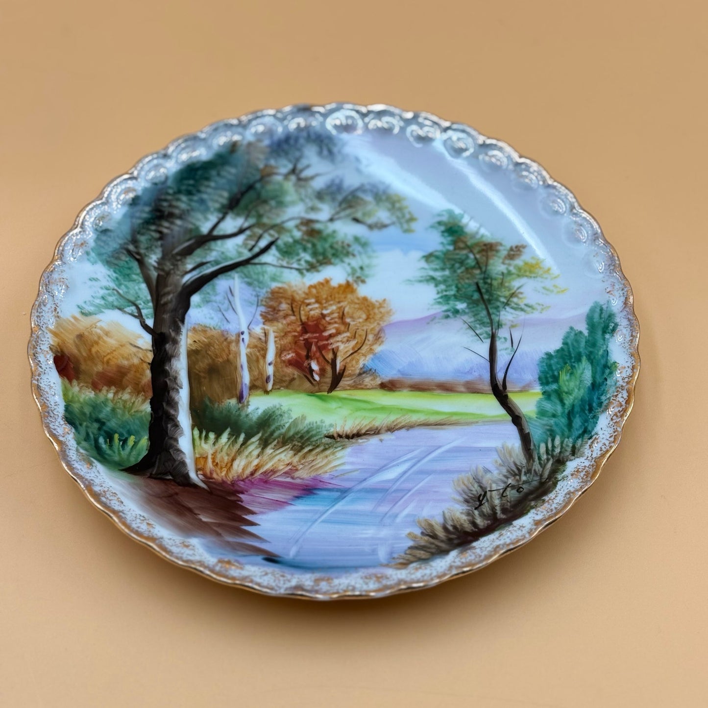 Vintage Hand Gold Trimmed Painted Japanese Landscape Plate 8 in.
