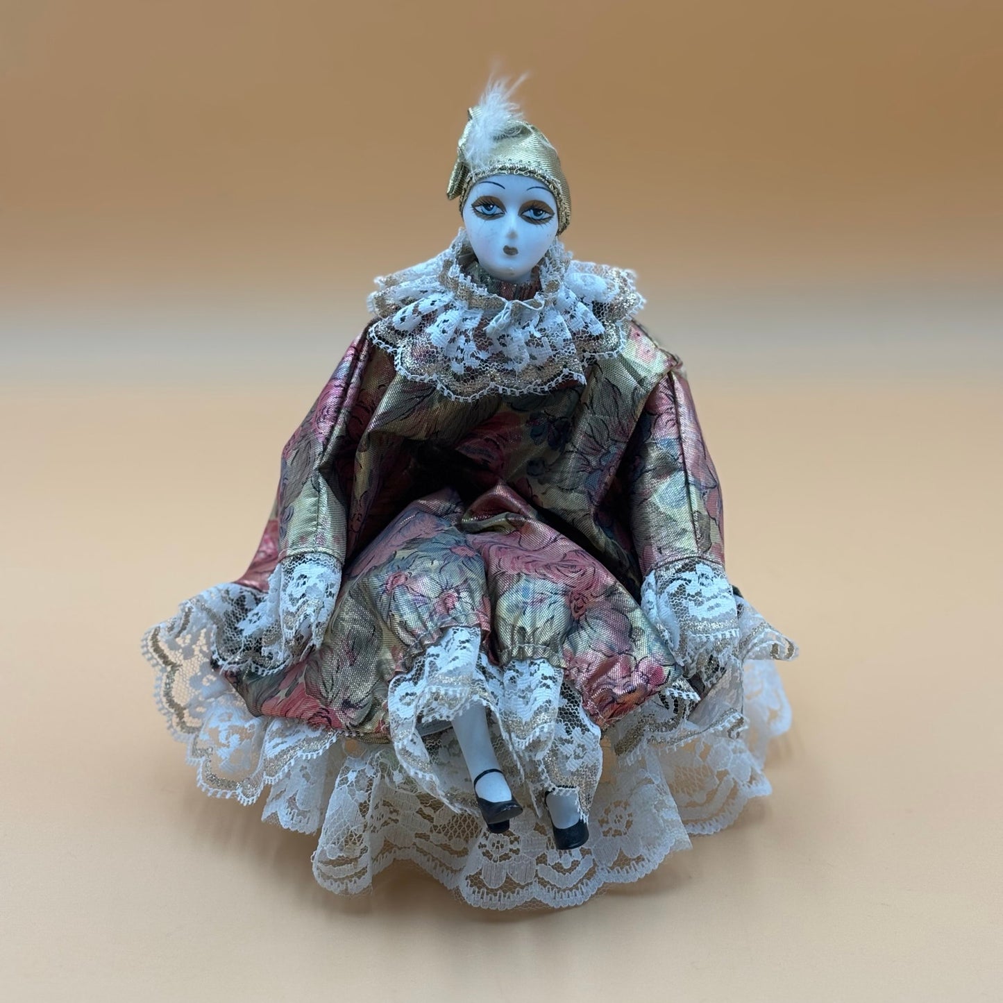 Porcelain Musical Clown Doll – Gold & Floral Dres