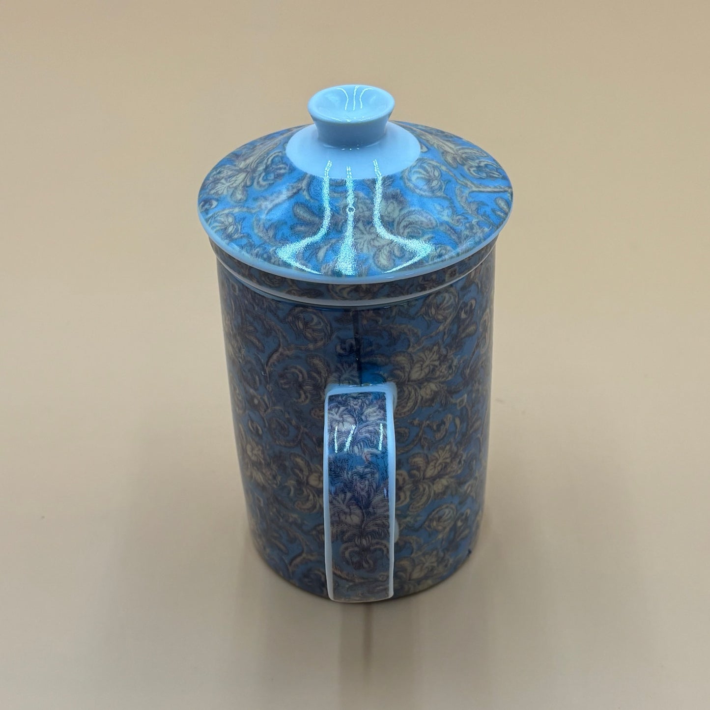 World Market Porcelain Tea Mug with Lid & Infuser – Blue & Gold Floral Damask