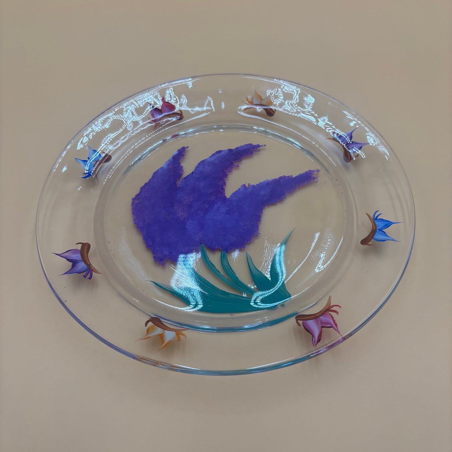 Handpainted Glass Plate - Purple Flowers & Butterflies - Malaysia