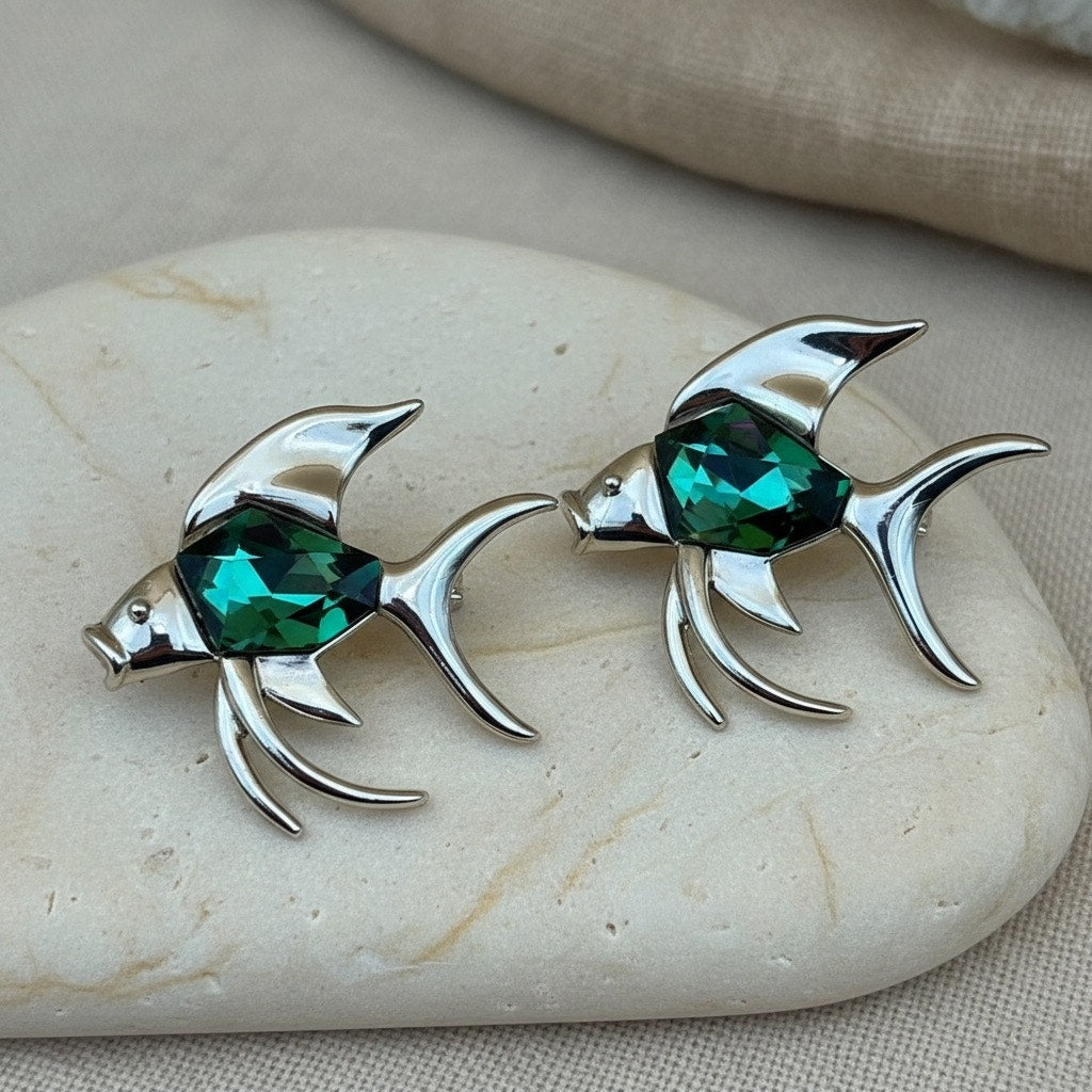 Vintage Sarah Coventry Goldtone Fish Pins (Pair, Watermelon Stones)