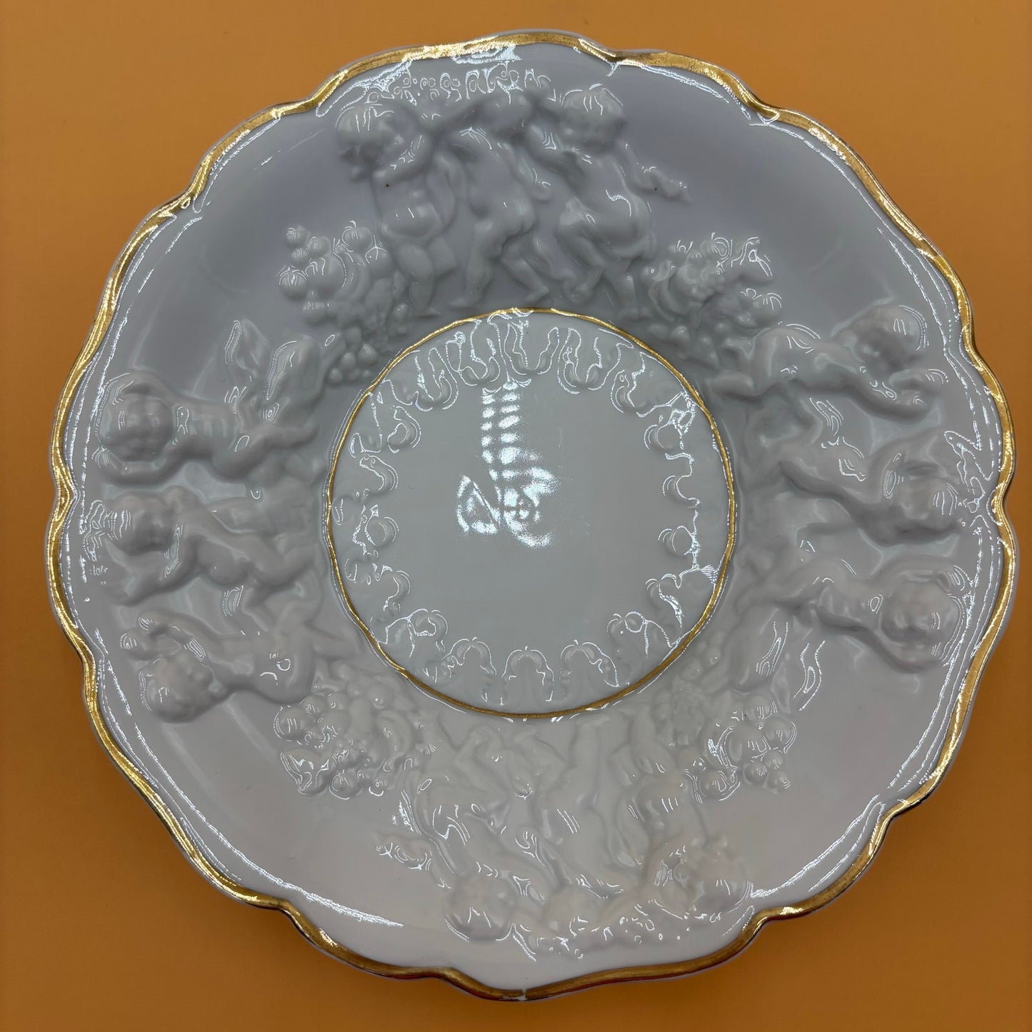 Vintage Embossed Cherub Porcelain Bowl with Gold Trim – 8.25”