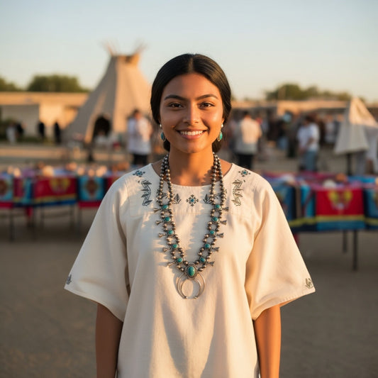 Boho Faux Turquoise Squash Blossom Necklace Copper-Tone Western Statement