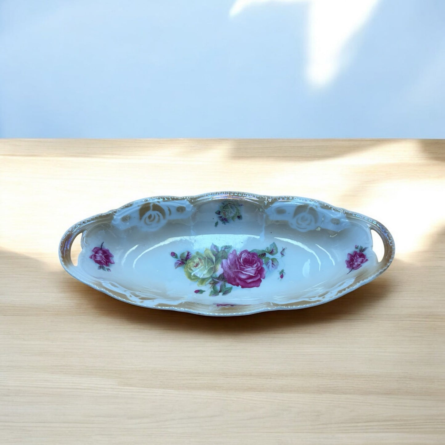 Vintage Made in Germany Porcelain Oval Dish – Pink & Yellow Roses with Handles