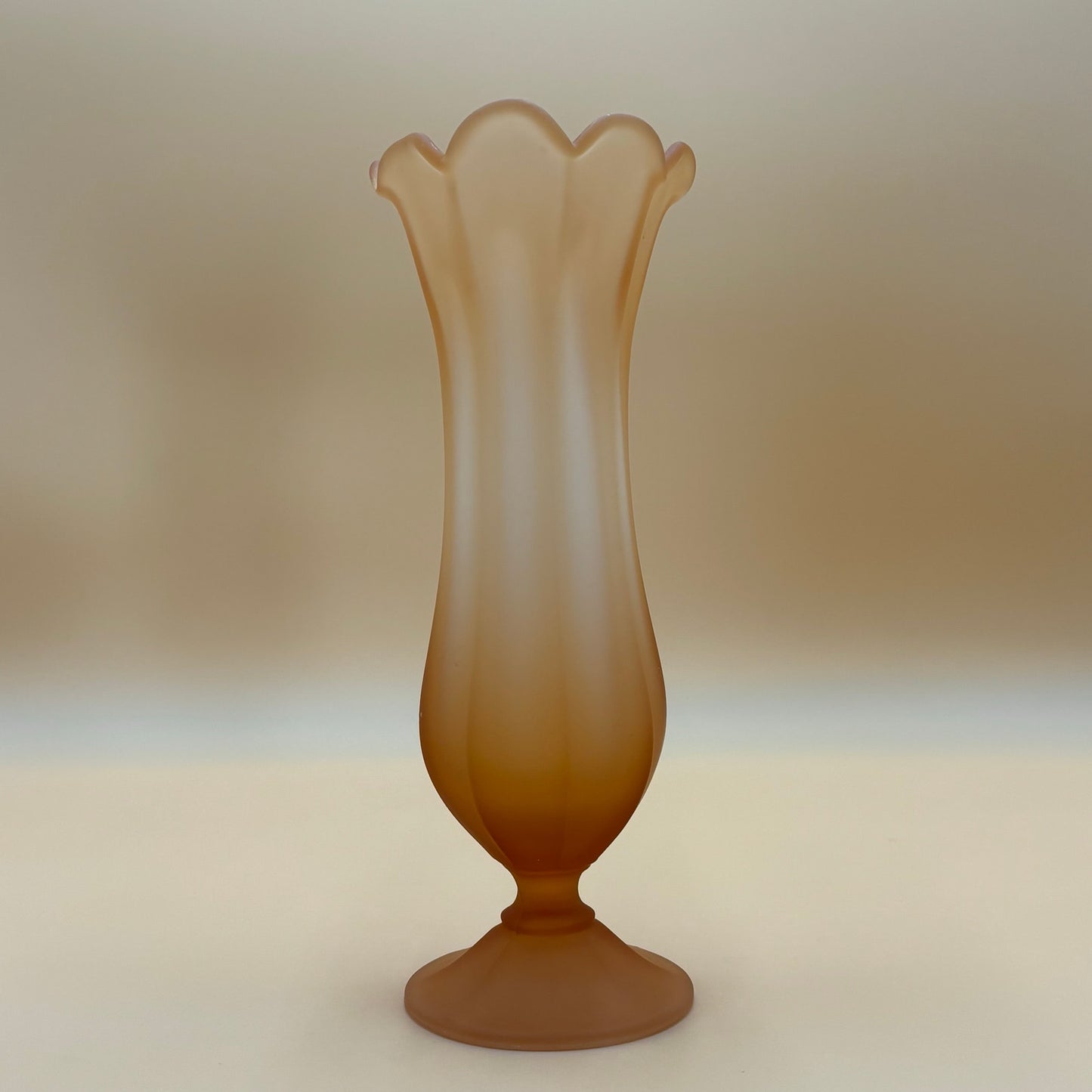 Vintage Peach/Amber Satin Swung Vase - Ruffled Rim 13.5" Tall