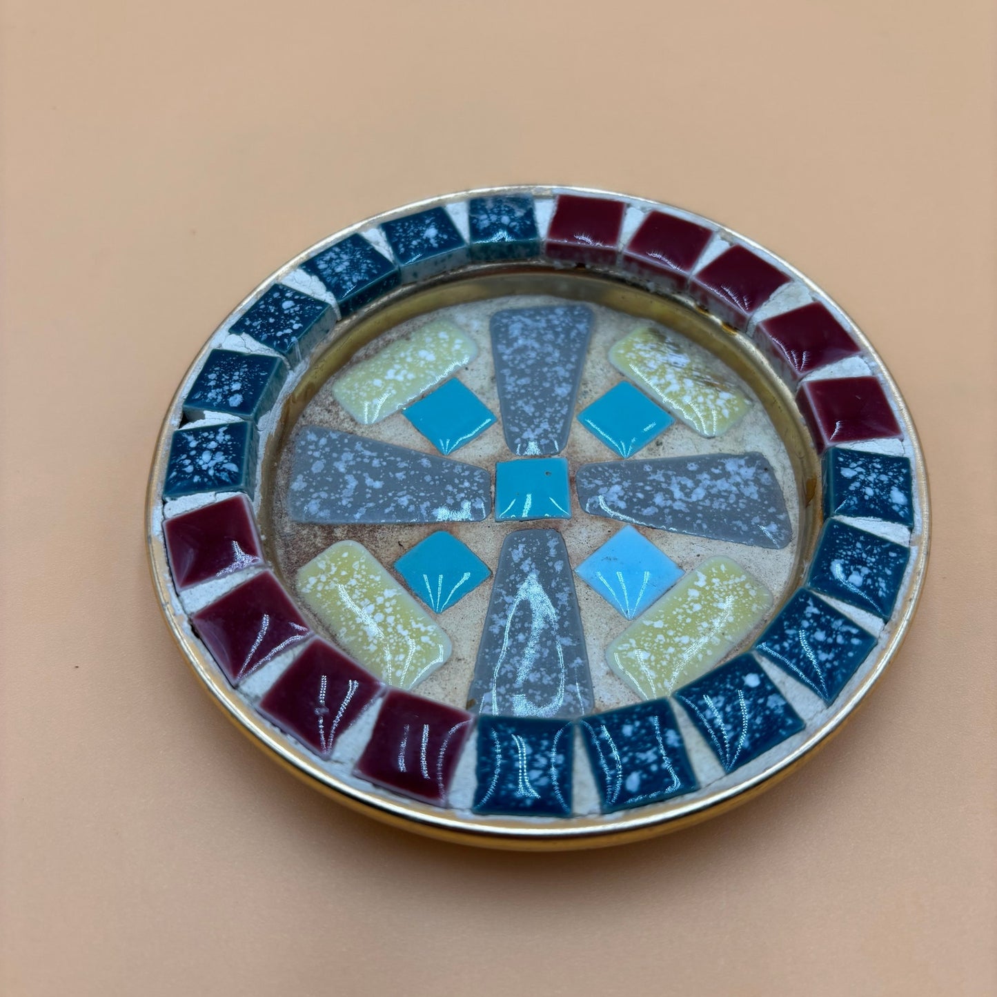 Vintage Mid-Century Mosaic Enamel Cup Holder Dish