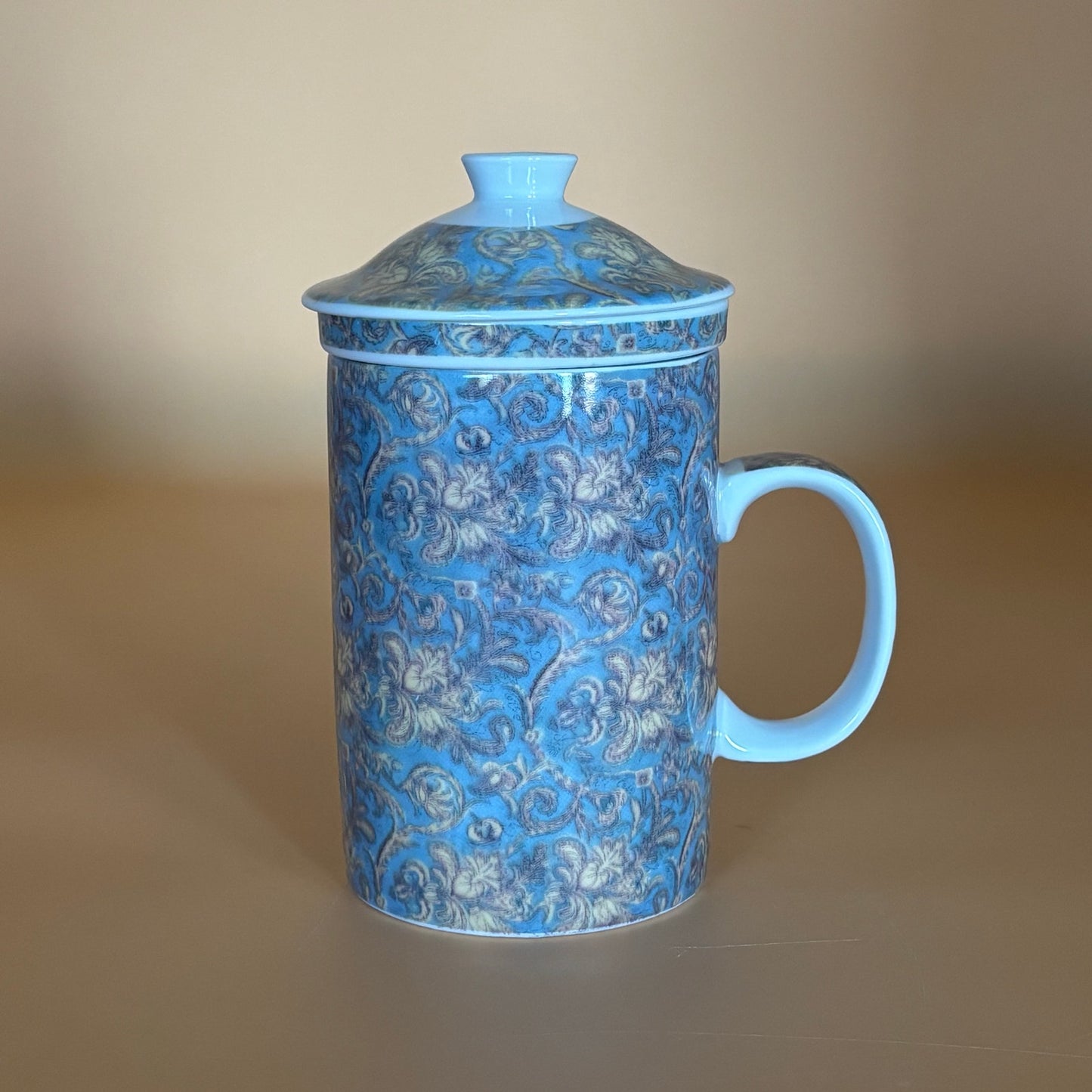 World Market Porcelain Tea Mug with Lid & Infuser – Blue & Gold Floral Damask