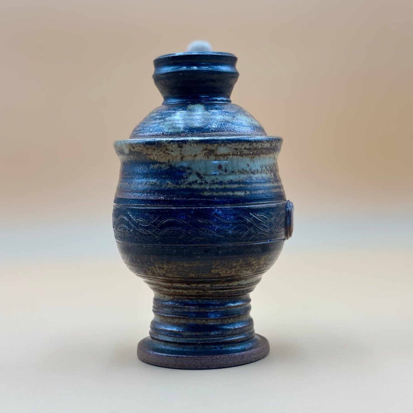 Studio Pottery Honey Jar with Dipper — Olive Green Earth Tone Glaze