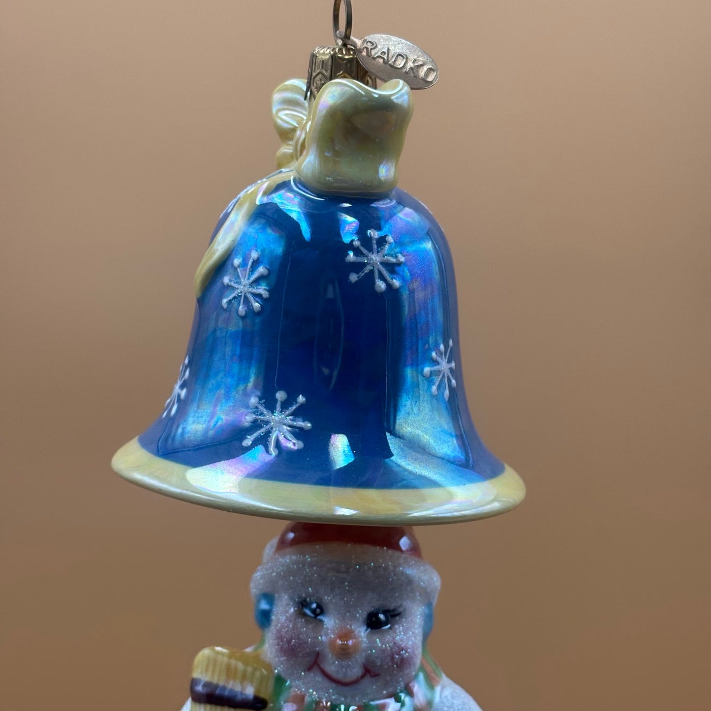 Radko Snowman and Bell Ornament – Handcrafted Glass – 7” x 3”