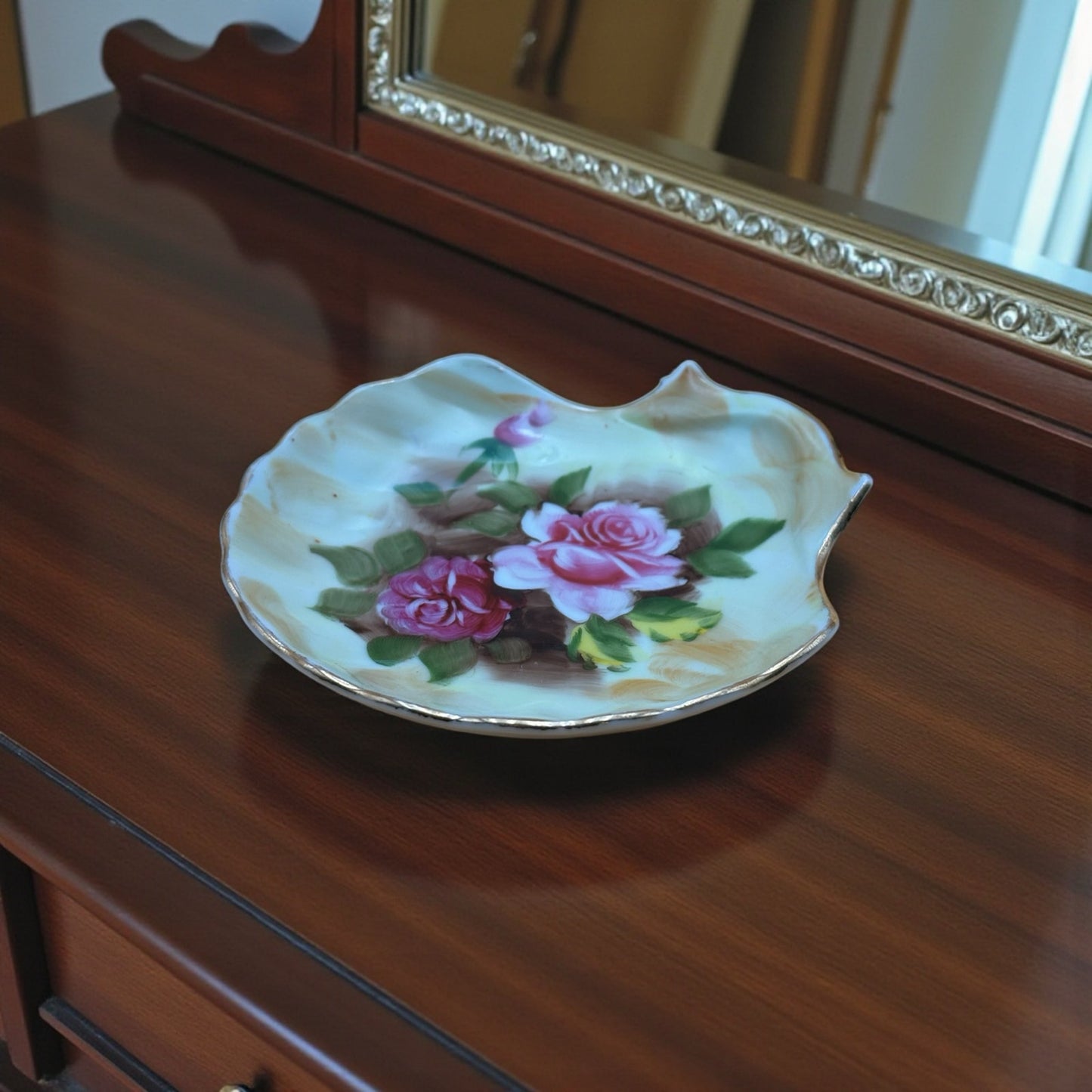 Hand-Painted Vintage Pink Rose Porcelain Shell Dish
