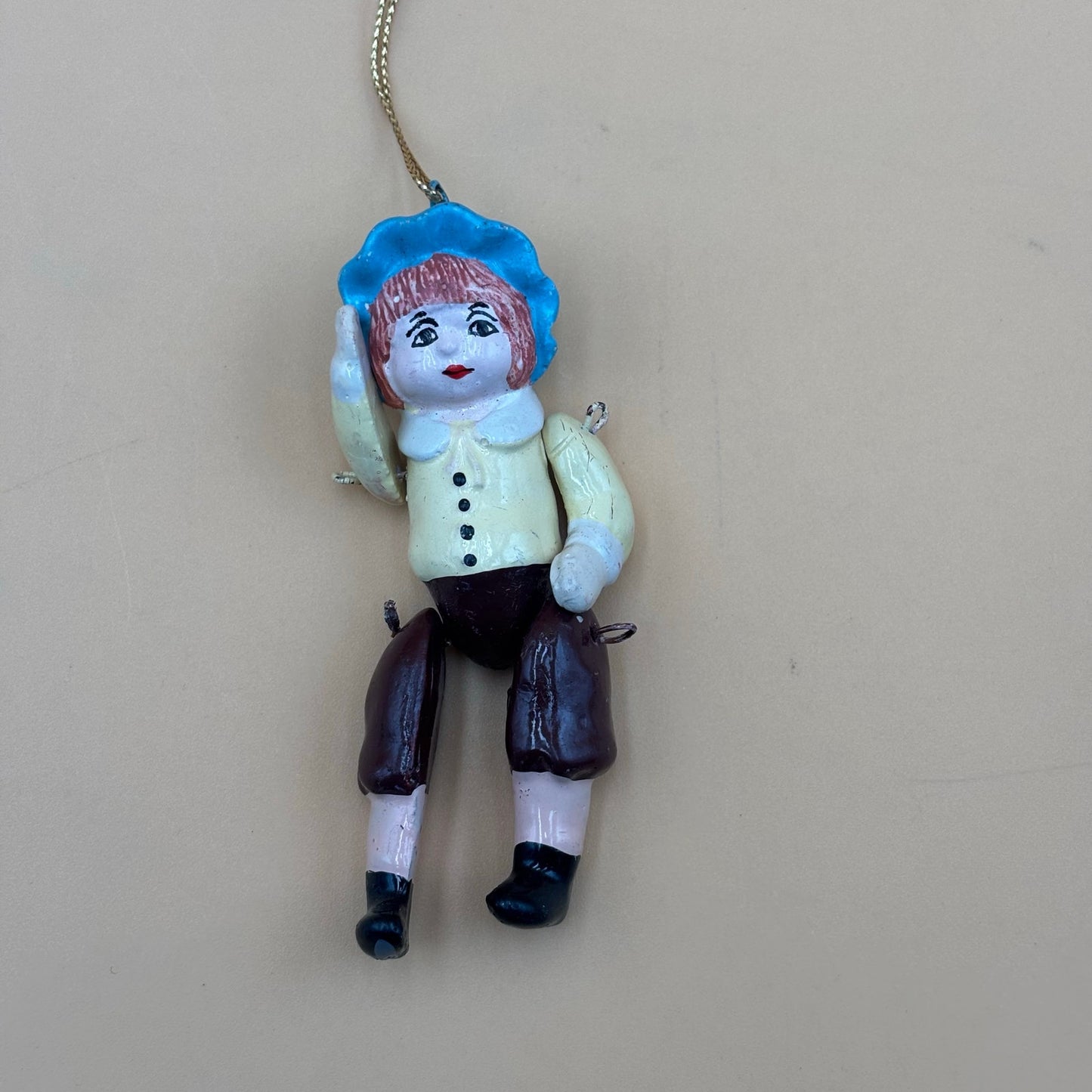Vintage Hand-Painted Wooden Boy Ornament – Articulated Limbs – 4.25"