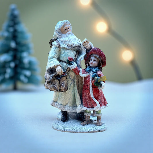 Vintage Crackle Santa and Girl Figurine with Glitter Finish