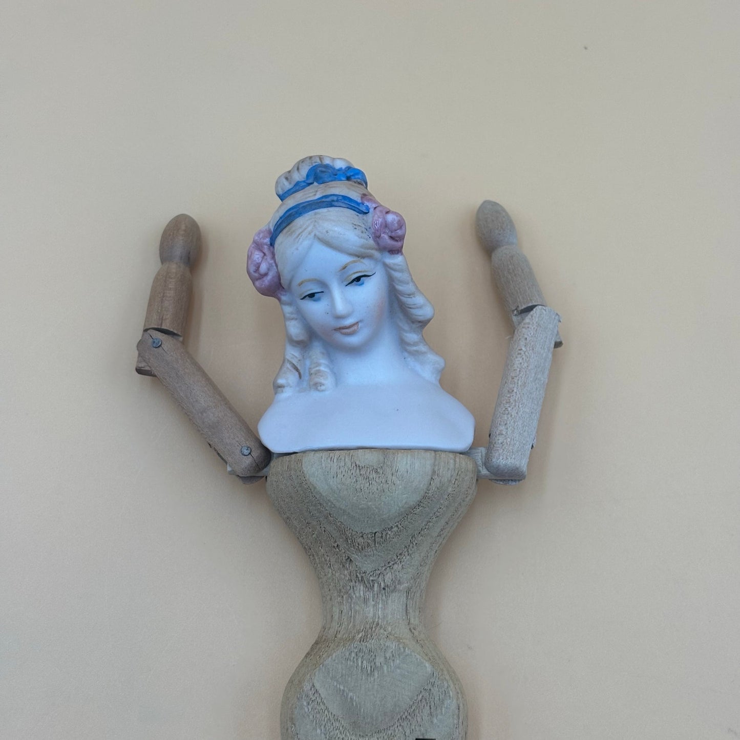 Shackman Bisque and Wood Jointed Doll 9.5 in with Blue Ribbon