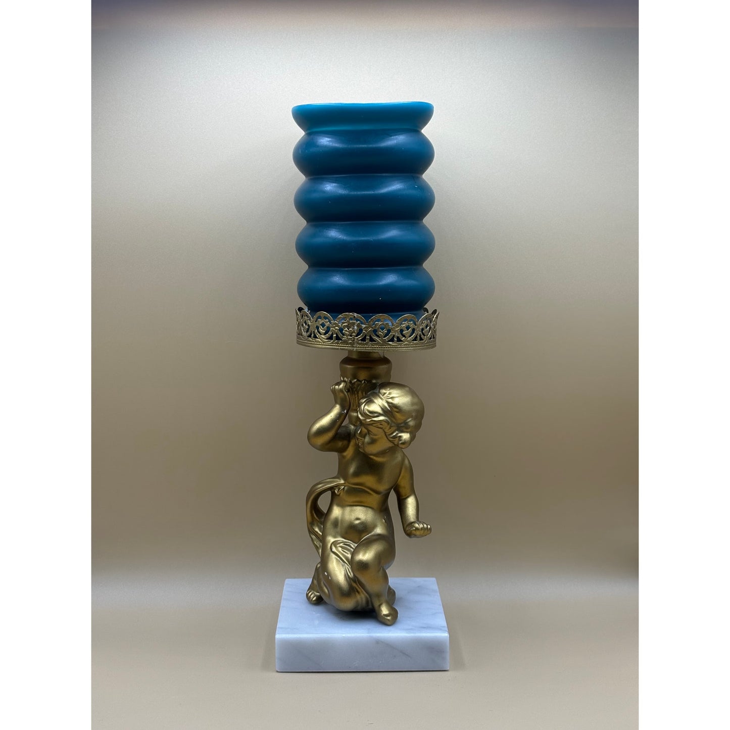 Vintage Metal, Gold Cherub Candle Holder with Marble Base 7.5 Inches Tall