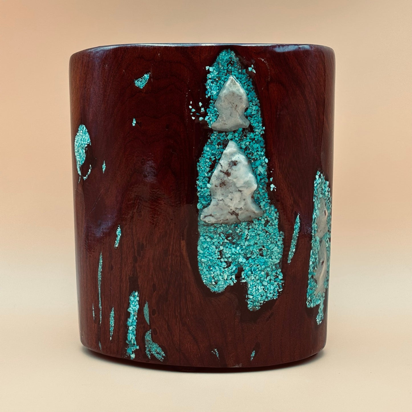 Hand-Carved Burlwood Vessel with Turquoise & Arrowhead Inlay