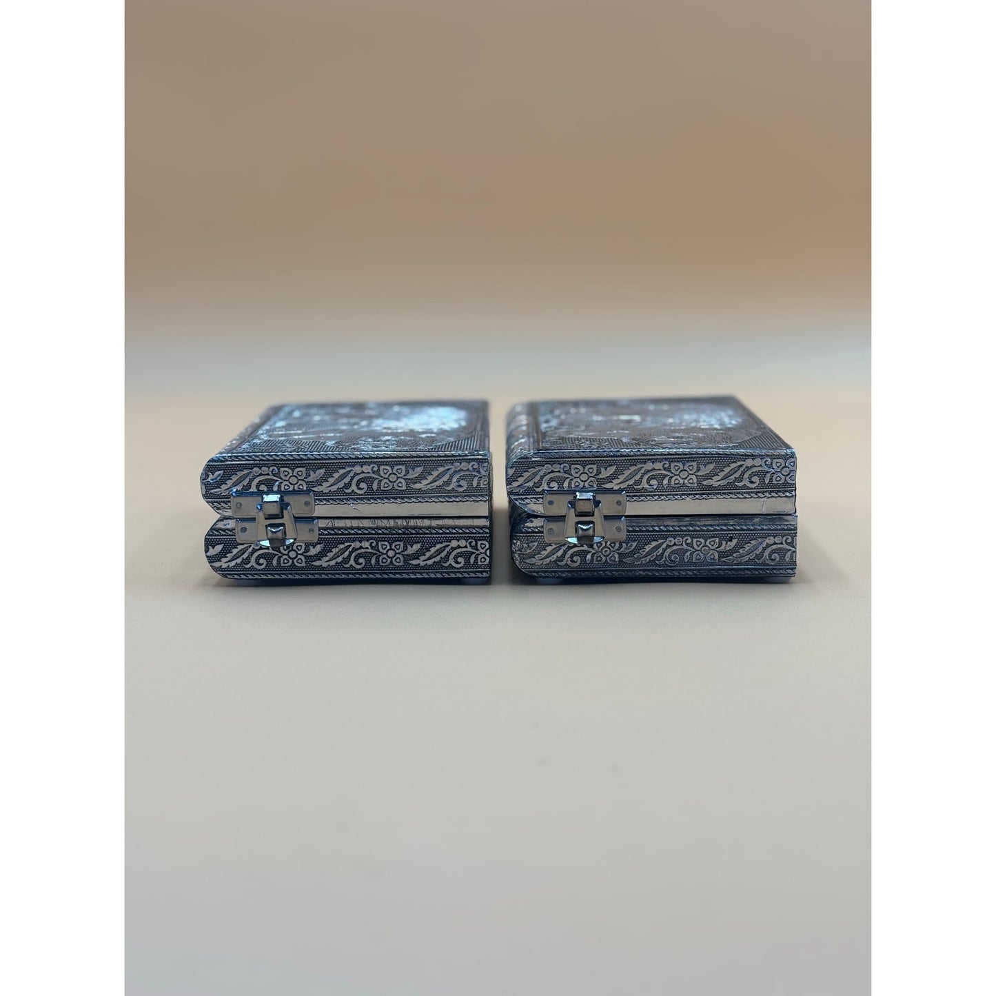 Pair of Handcrafted Indian Tiger Jewelry Boxes with Purple Velvet Interior