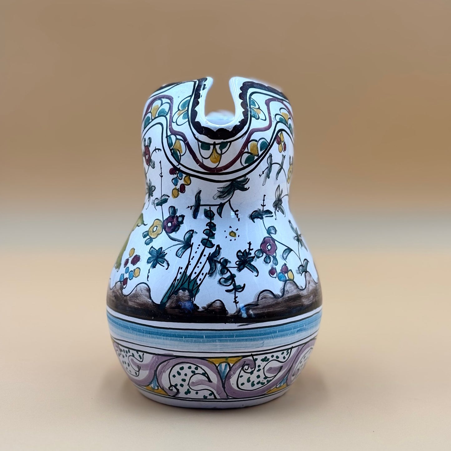 Vintage Portuguese Coimbra Pitcher – Hand-Painted Bird & Floral Talavera-Style Pottery