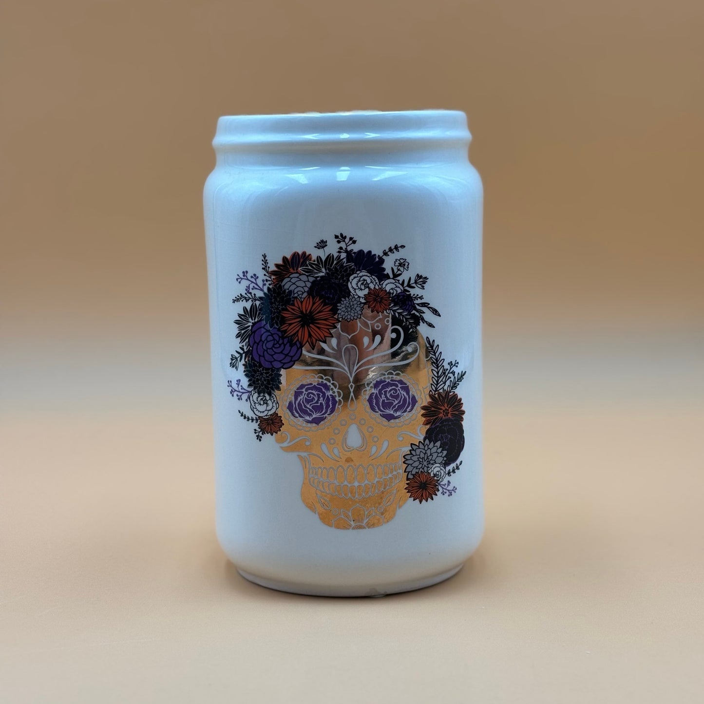 Floral Skull Porcelain Vase – Gold, Red, Purple & Black (7¼”)