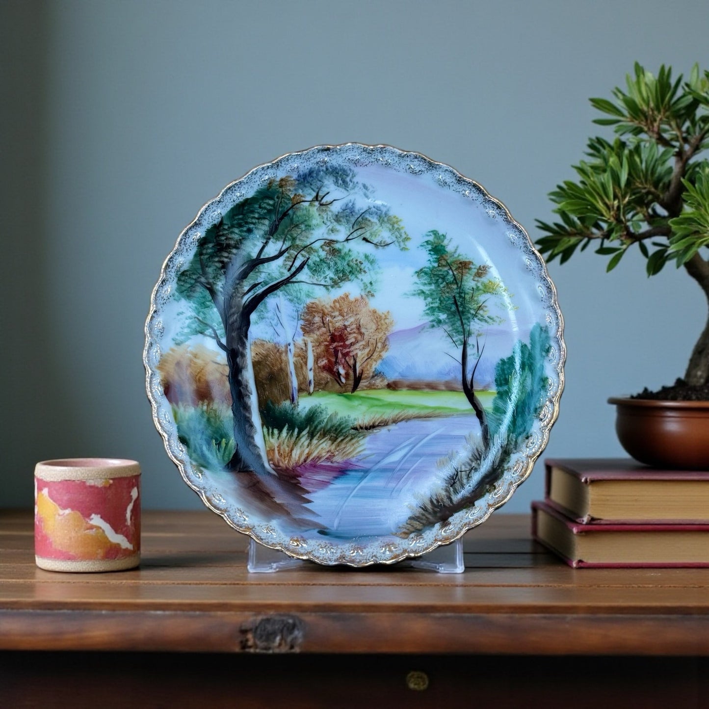 Vintage Hand Gold Trimmed Painted Japanese Landscape Plate 8 in.