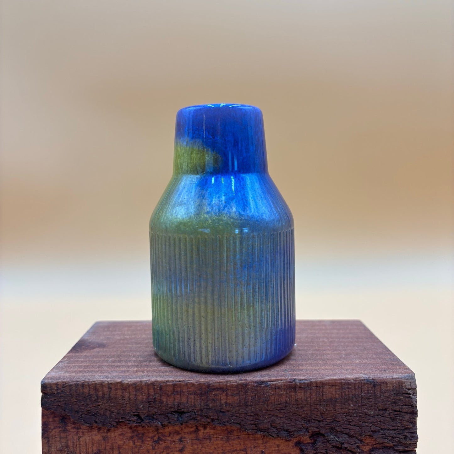 Vintage Ribbed Studio Pottery Bud Vase - Blue & Green Drip Glaze