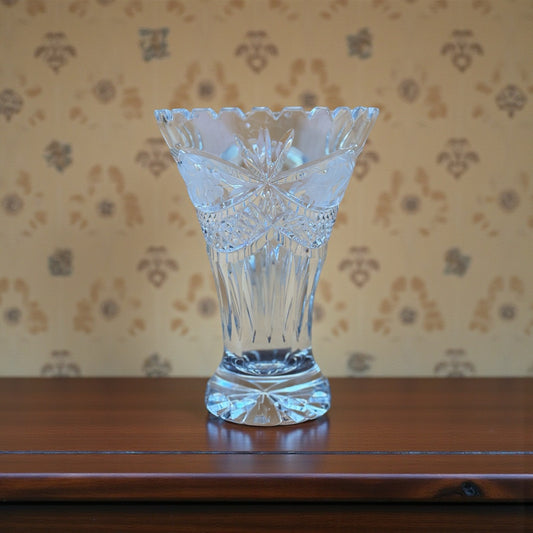 Cut Glass Vase with Scalloped Rim and Starburst Base