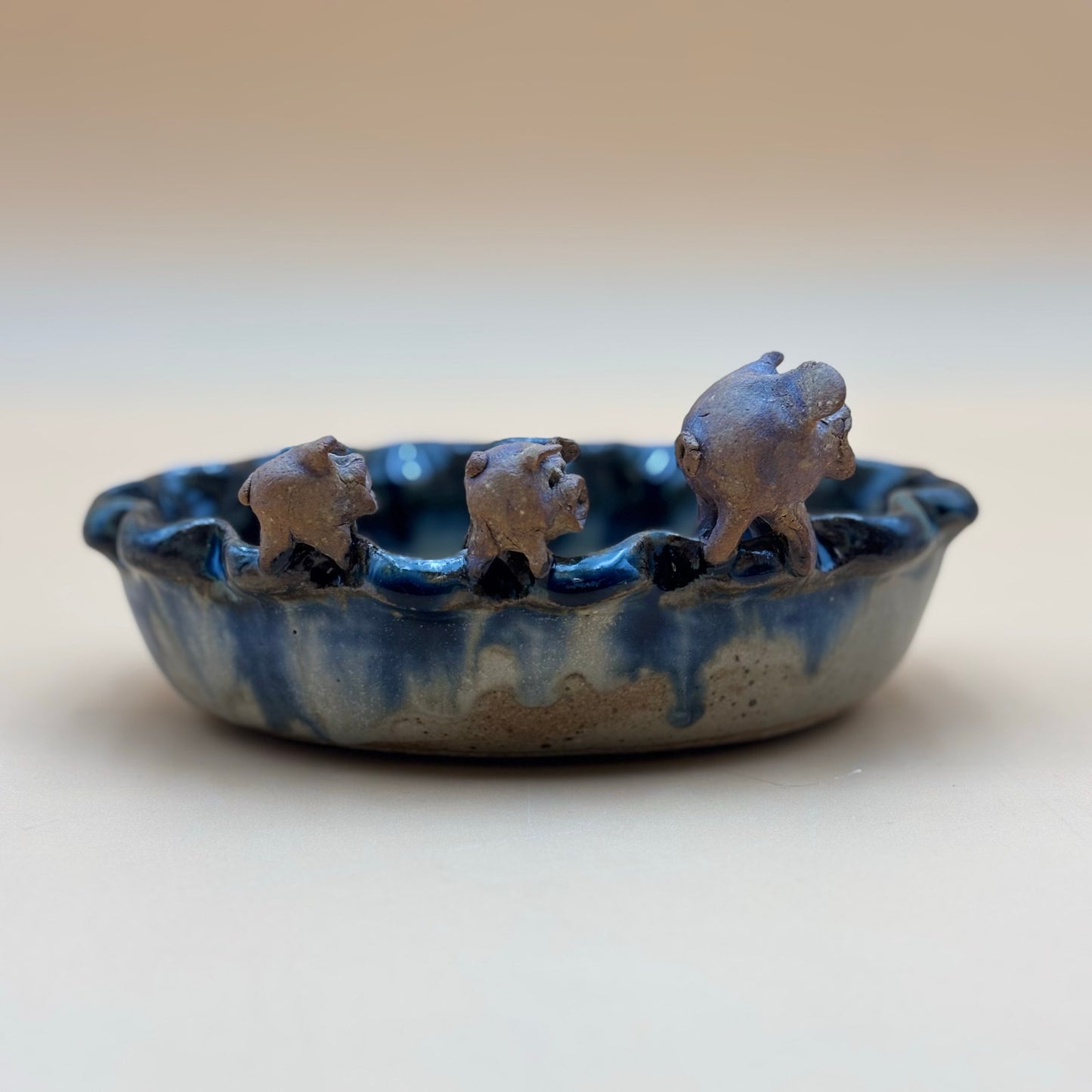 Handmade Pig Trio Blue & Brown Glazed Pottery Bowl