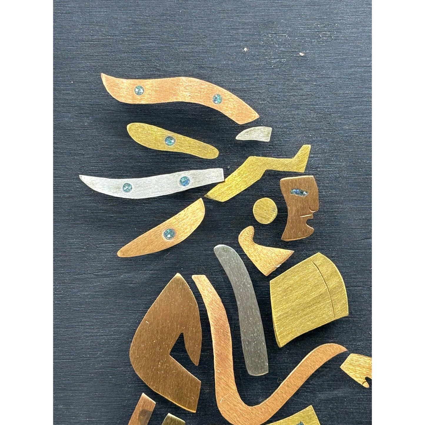 Vintage Mexican Warrior Mixed Metal Stone Inlay Wall Art