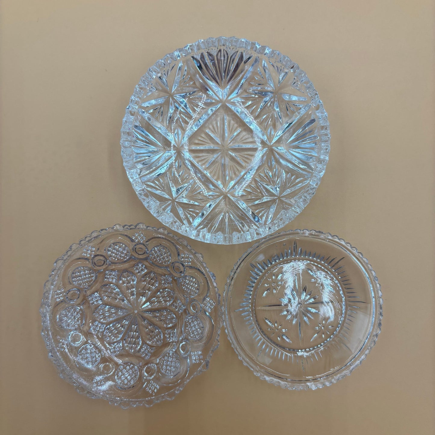 Vintage Pressed Glass Trinket Dishes - Set of 3 - Mixed Patterns