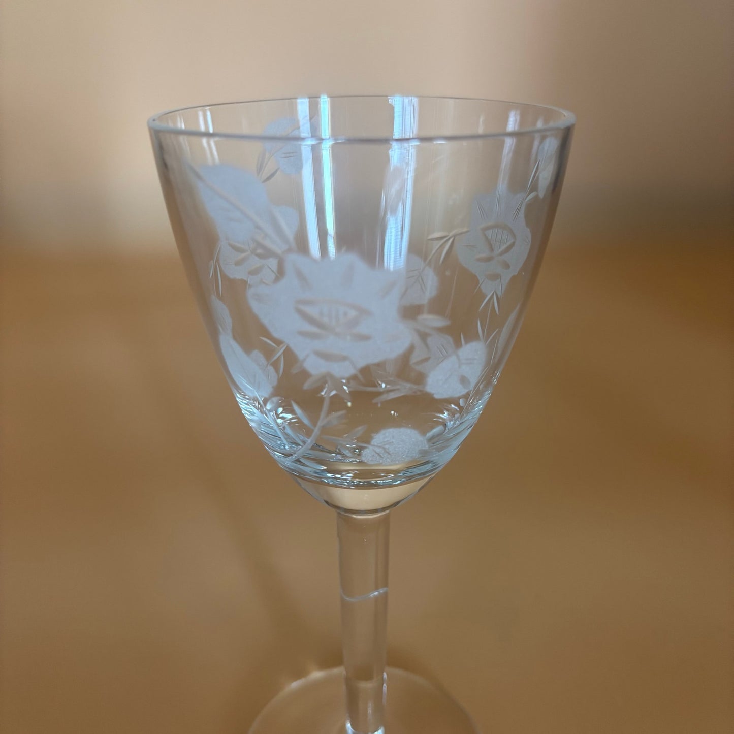 Set of 3 Etched Floral Wine Glasses – 6 3/8” Tall