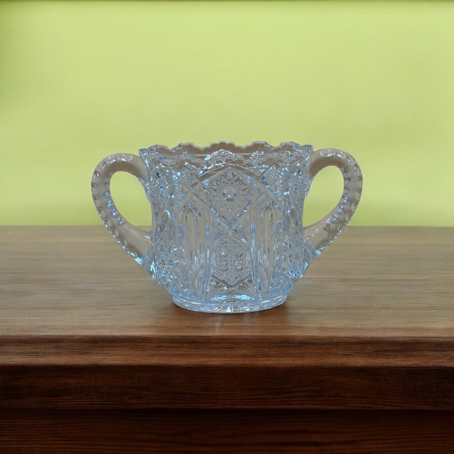 Vintage Cut Crystal Sugar Bowl with Handles "Candy Dish" - Star Pattern
