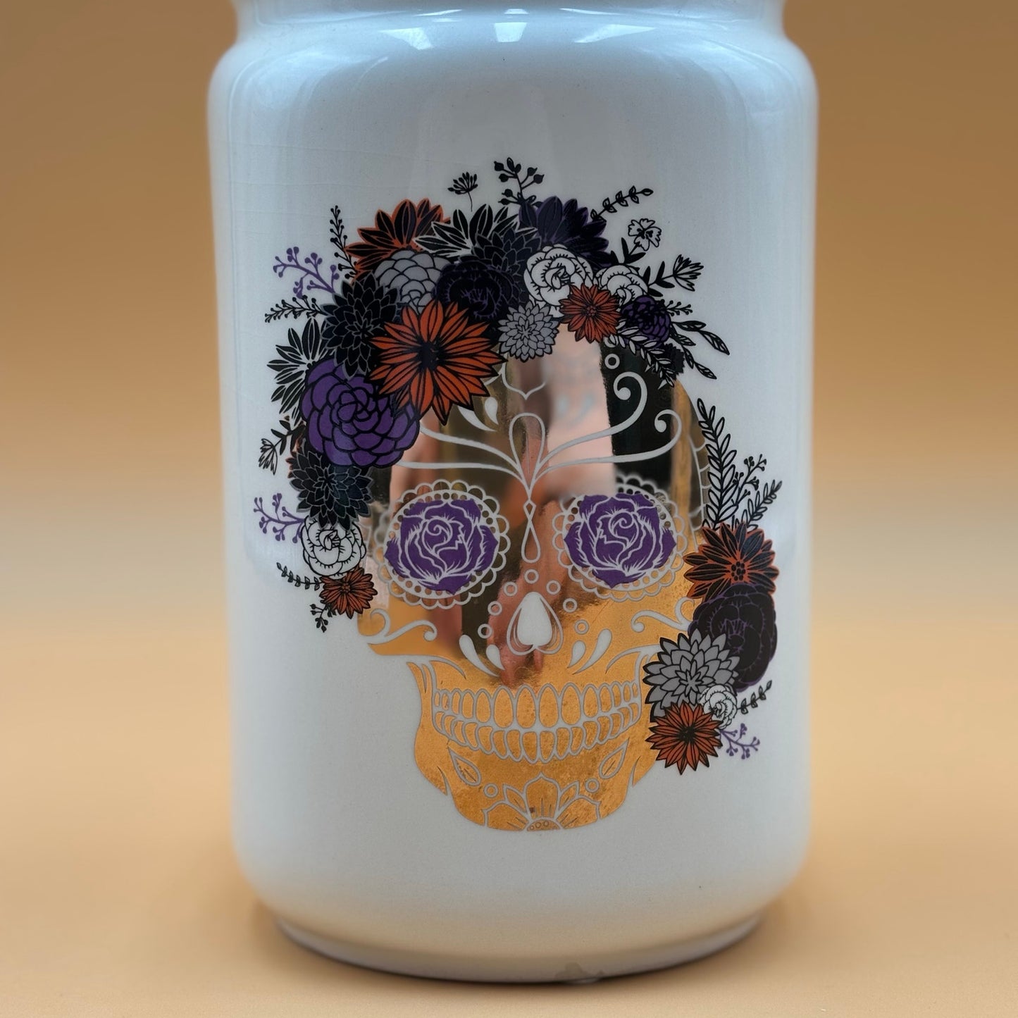 Floral Skull Porcelain Vase – Gold, Red, Purple & Black (7¼”)