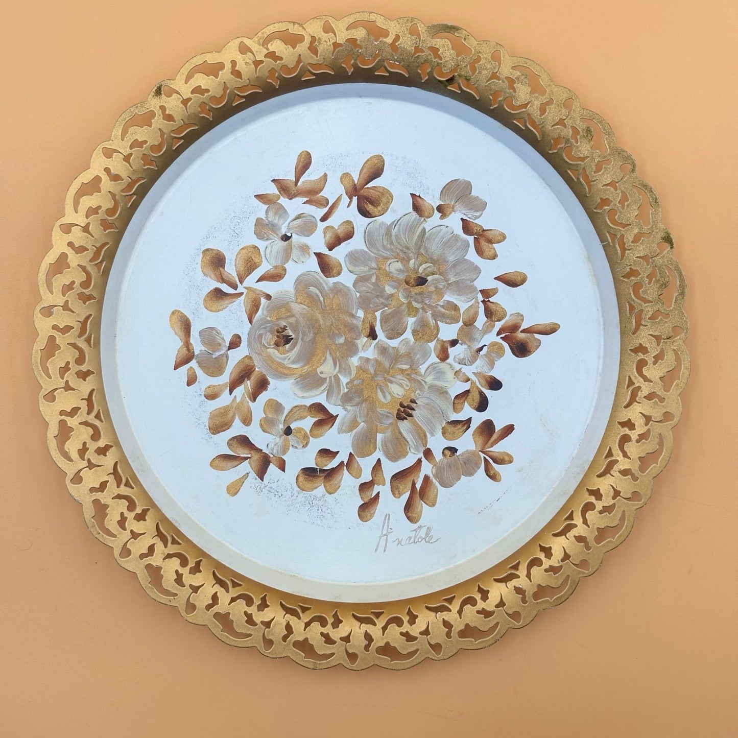 Vintage Nashco Tole Painted Tray – Cream, Gold & Brown Floral “Lace Edge”