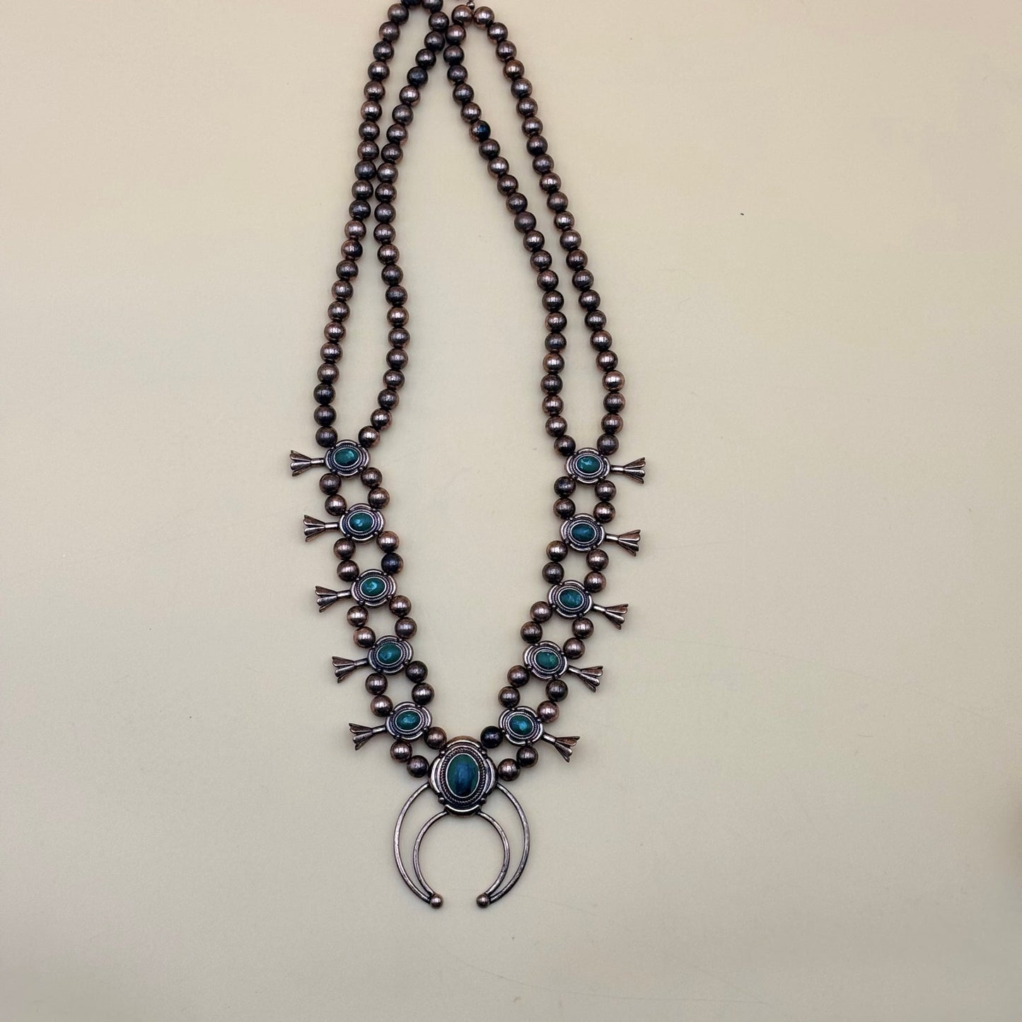 Boho Faux Turquoise Squash Blossom Necklace Copper-Tone Western Statement