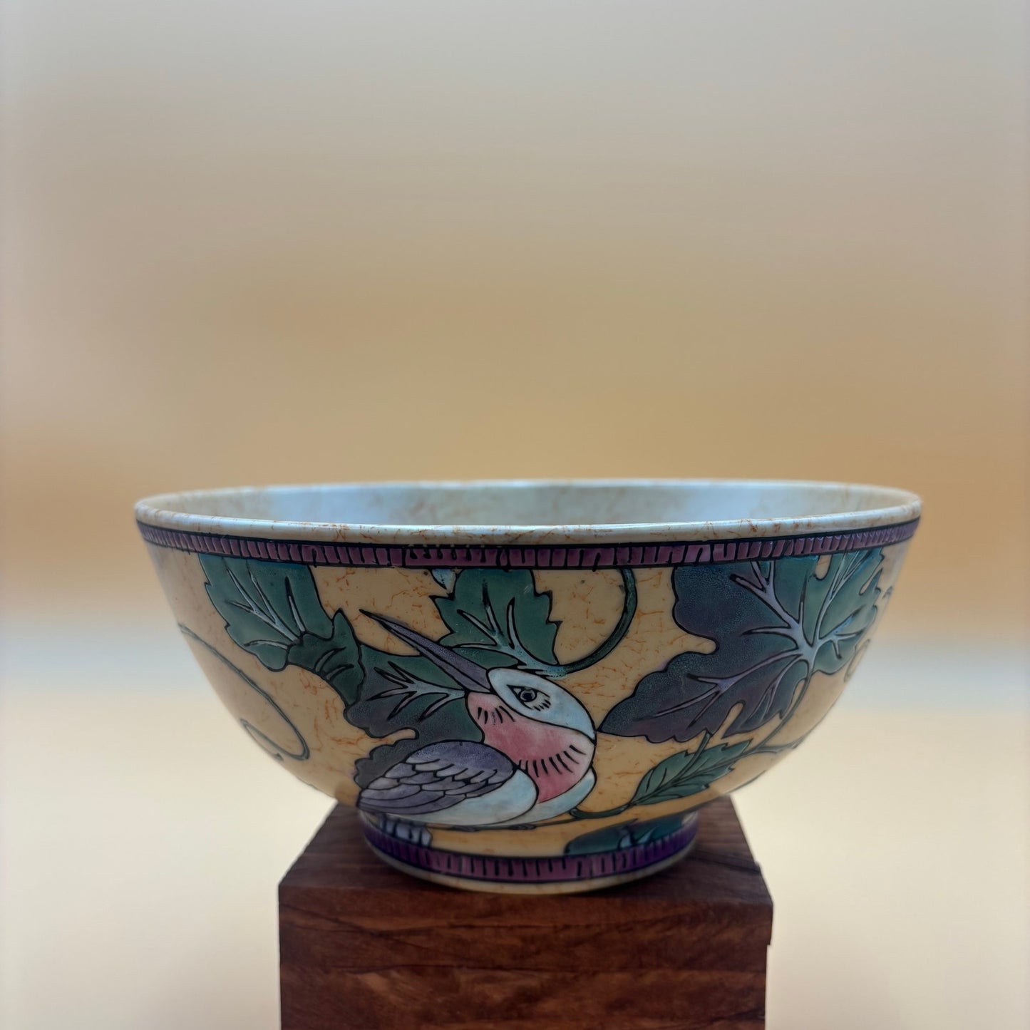 Vintage Crackle Glaze Hand-Painted Ceramic Bowl with Cardinal and Grape Design