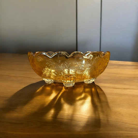 Vintage Jeannette Iridescent Louisa Pattern Candy Dish – Beautiful Decorative Bowl Peach Yellow and Gold