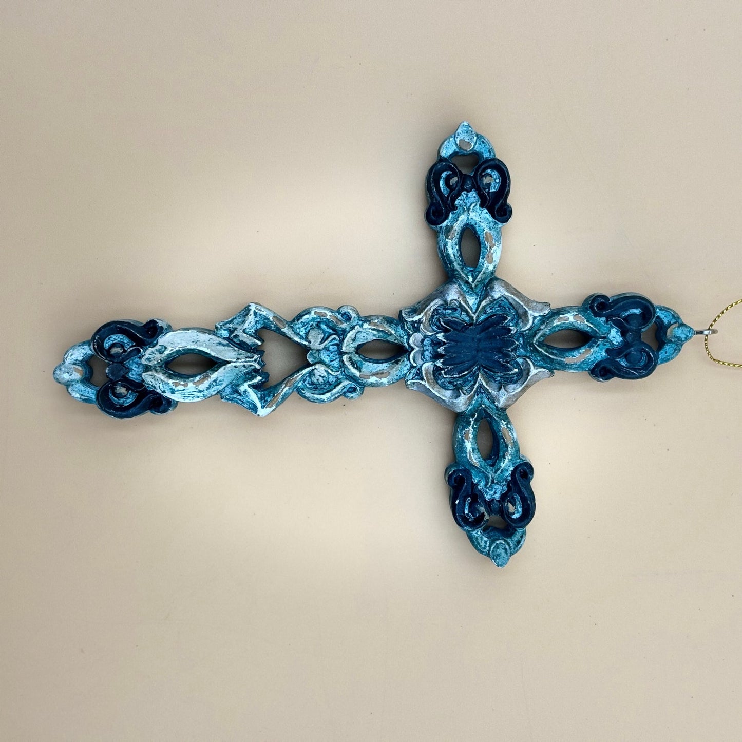 Set of Three 7″ Cross Ornaments — Turquoise, Silver, and Brown Tones