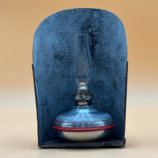 Vintage Mini Kerosene Oil Lamp with Metal Reflector Shield - Red Stripe