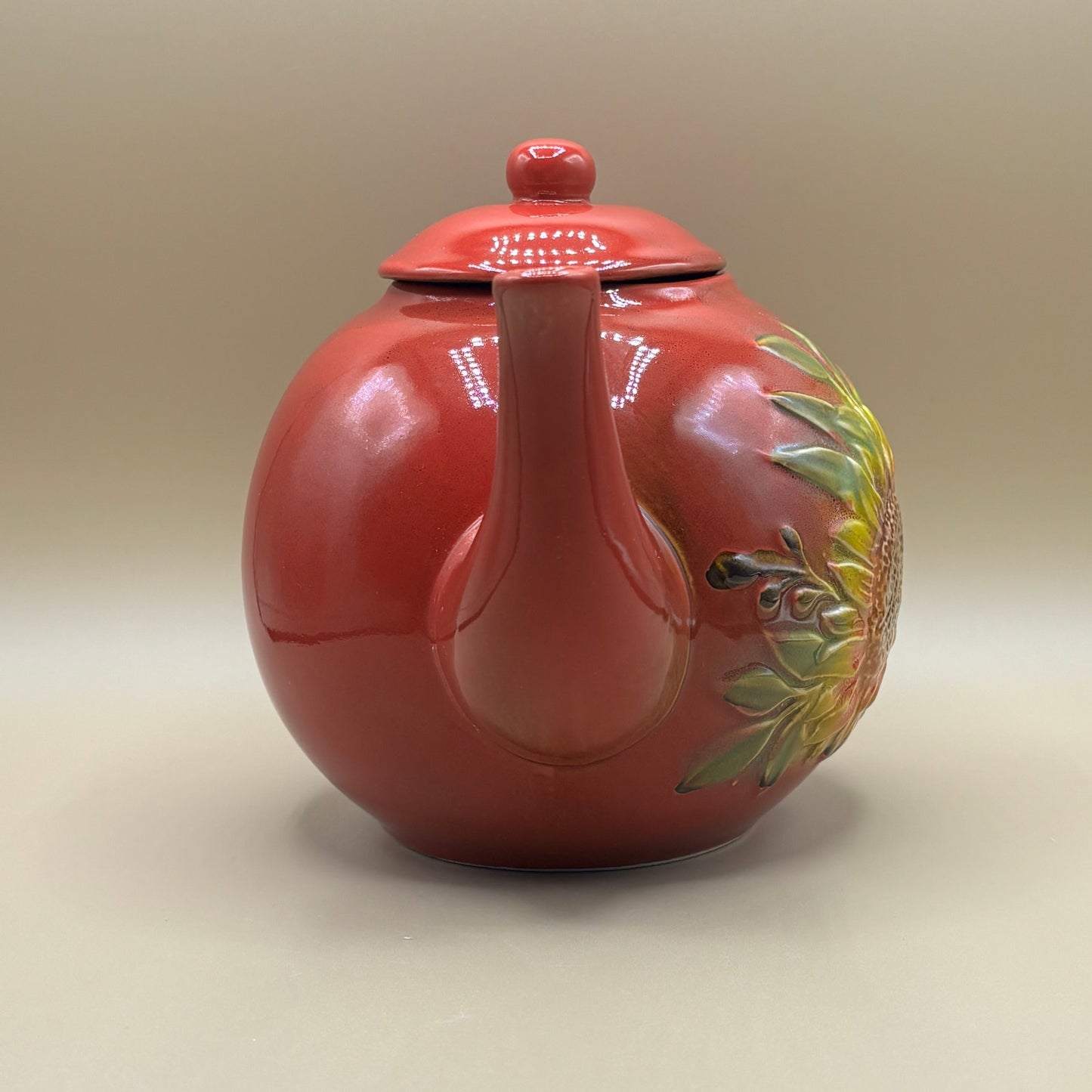 📦 Burton+Burton Red Sunflower Ceramic Teapot Collectible Home Decor