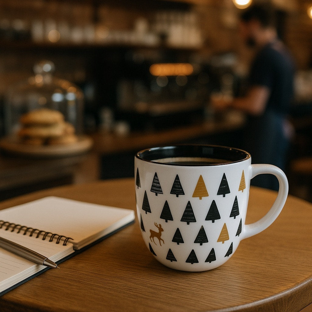 Vintage Holiday Latte Mug – Gold Pine Trees & Deer – 18oz Morris National