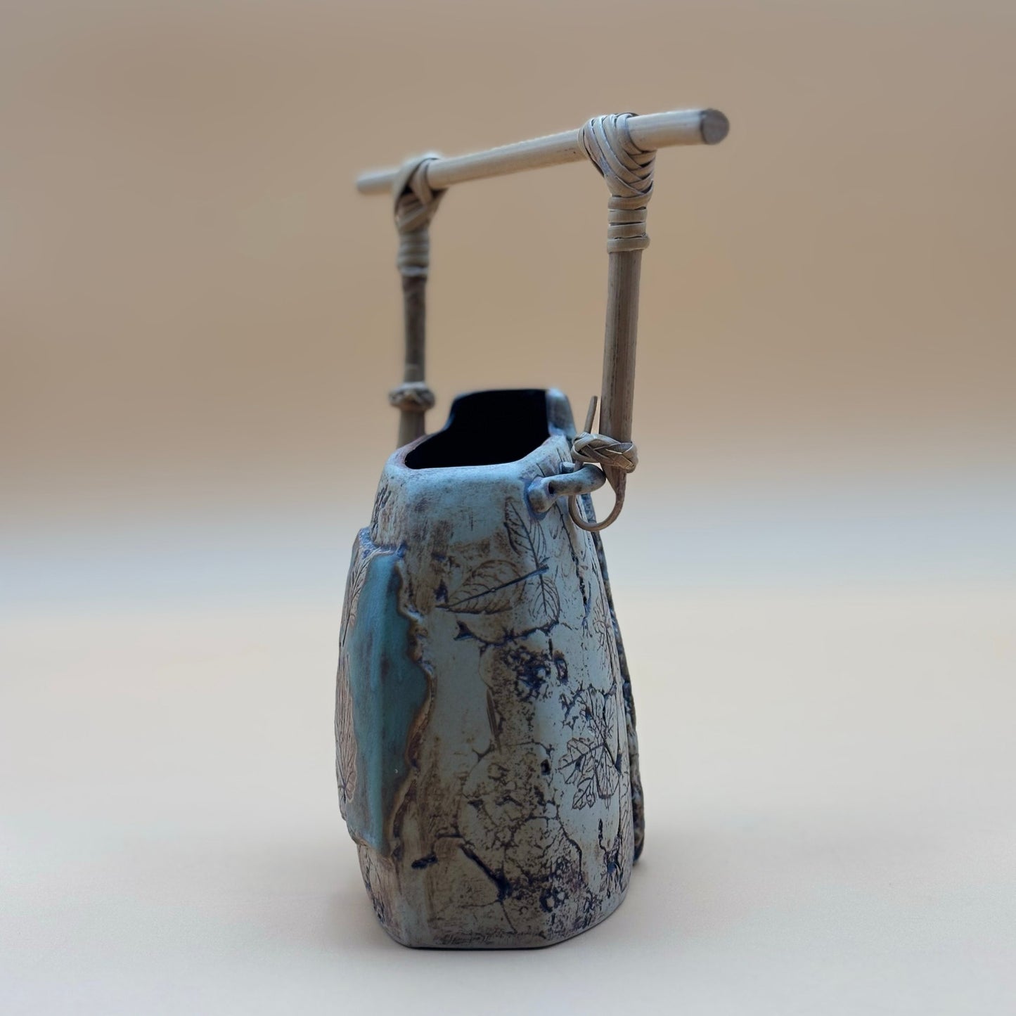 Malaysia Handicraft Tenmoku Pottery Vase with Bamboo Handle